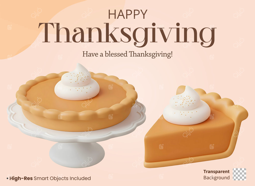 قالب تبریک عید شکرگزاری با طرح سه‌بعدی کارتونی پای کدو حلوایی و اسلایس با تزئین خامه