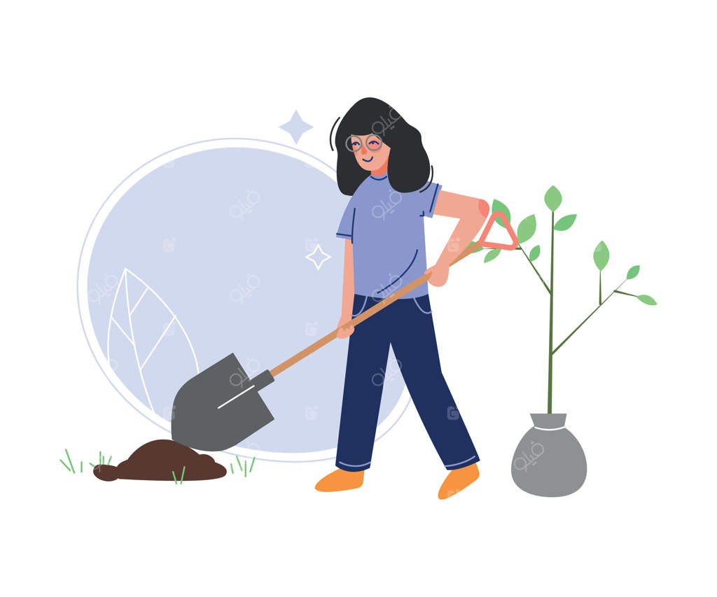 دختری در حال کاشت درخت با بیل، نوجوانی داوطلب در باغ یا پارک - تصویرسازی