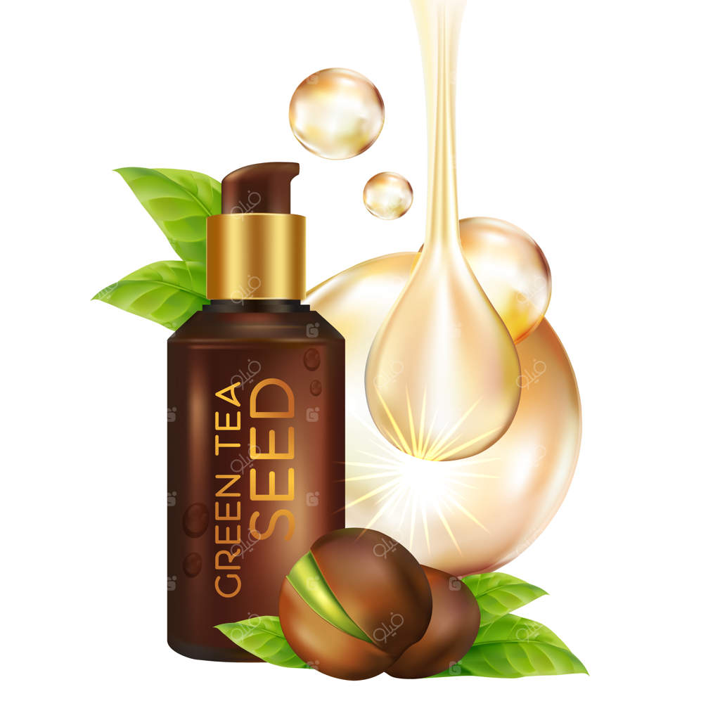 تصویر واقع‌گرایانه لوازم آرایشی با ترکیبات روغن دانه چای سبز برای مراقبت از پوست