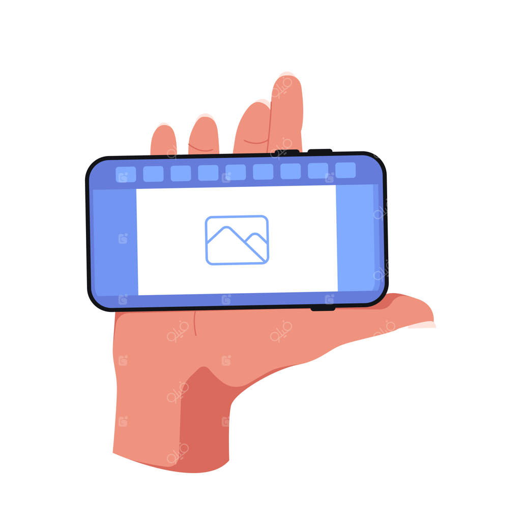 دست نگه‌دارنده گوشی هوشمند در موقعیت افقی بر روی پس‌زمینه سفید - تصویر دست انسان با موبایل