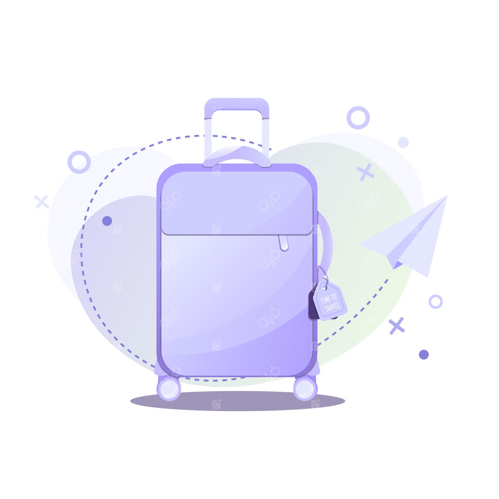 چمدان بنفش چرخ‌دار با تگ هواپیمای کاغذی