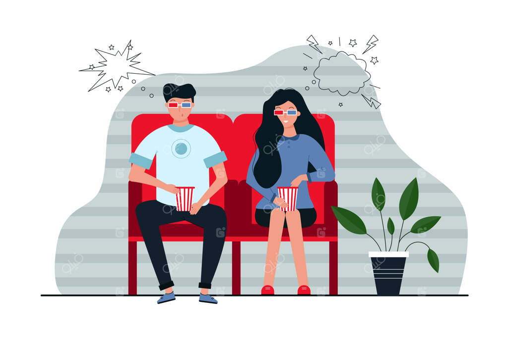 مفهوم زوج، فیلم، تفریح و دوستی. زن و مرد جوان خوشحال با هم دوست دختر و دوست پسر در حال تماشای فیلم با عینک سه‌بعدی و پاپ‌کورن در سینما. تفریح و سرگرمی.