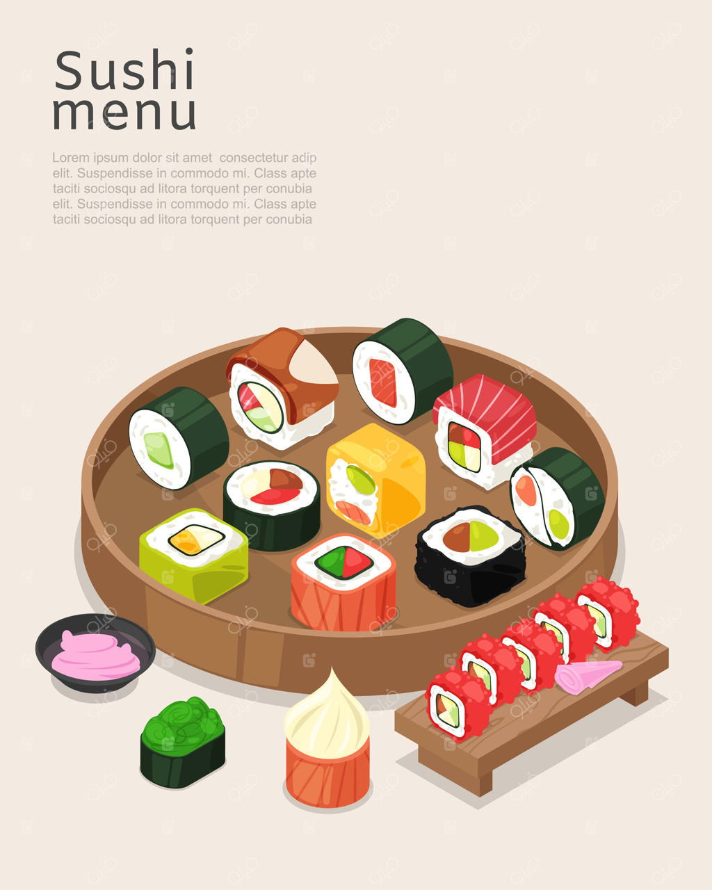 منوی سوشی: تصویرسازی غذاهای آسیایی با برنج. رستوران ویژه رول ماهی سالمون بر پس‌زمینه روشن، خوراکی مخصوص بار