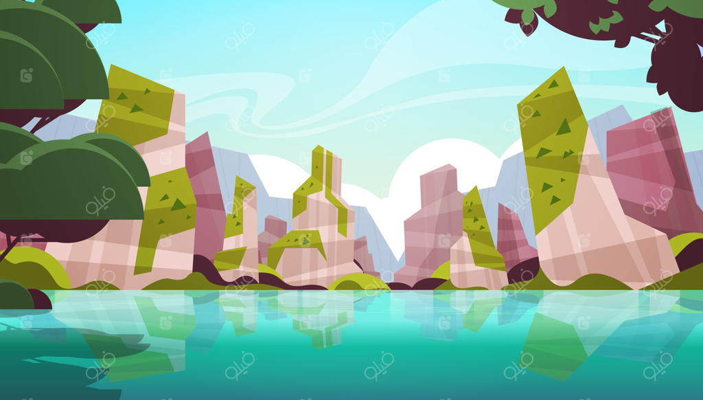 تصویر منظره ساحلی زیبای گرمسیری با درختان و کوه‌ها در تابستان- تصویر افقی