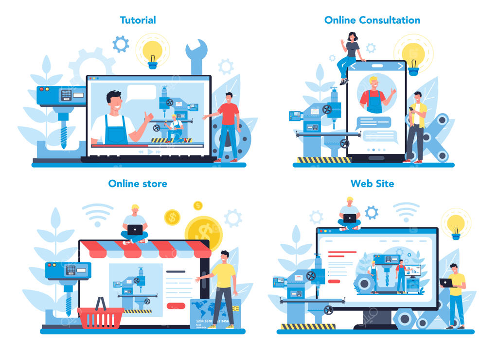 مجموعه‌ای از مفهوم سرویس یا پلتفرم آنلاین میلر و فرز روی دستگاه‌های مختلف - مهندس در حال سوراخ‌کاری فلز با دستگاه فرز، جزئیات ساخت. تکنولوژی صنعتی.