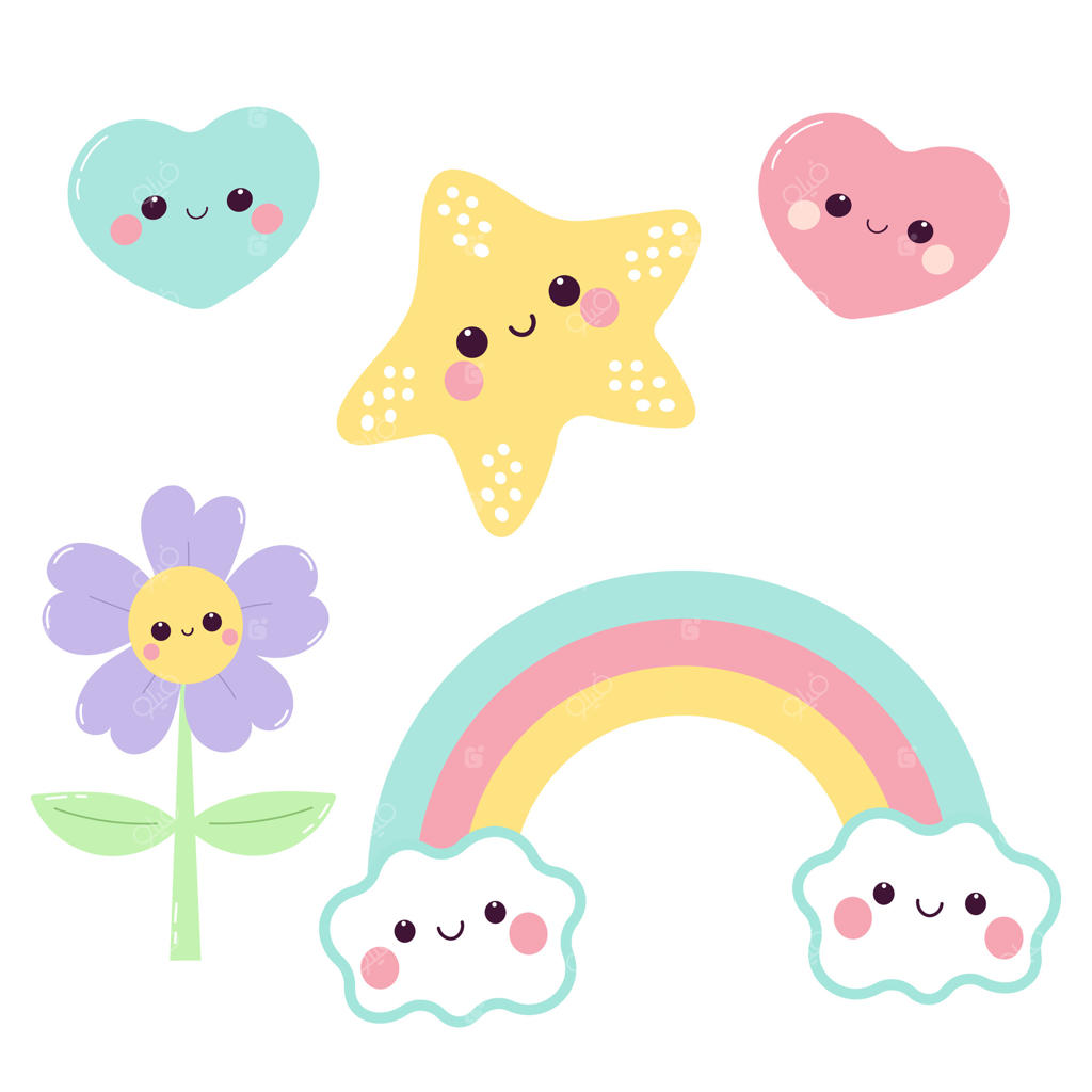 رنگین‌کمان، قلب و گل کیوت و کاوایی در رنگ‌های ملایم