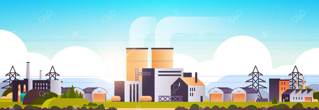 ساختمان‌های کارخانه‌ای در منطقه صنعتی با لوله‌ها و پالایشگاه‌ها