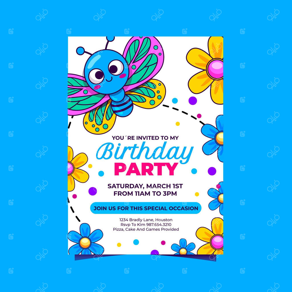 قالب کارت دعوت تولد طرح پروانه کارتونی
