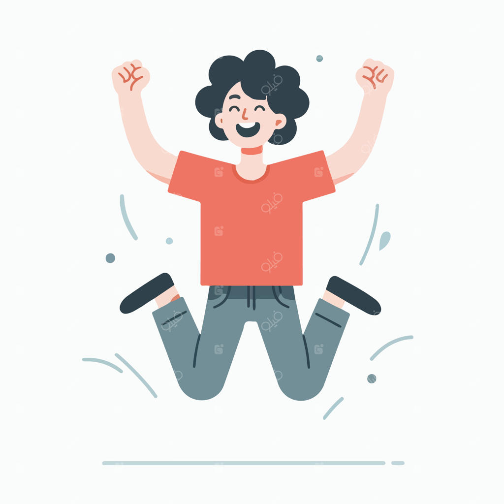 وکتور نوجوان مو فرفریِ شاد در حال پریدن، با سبک طراحی تخت، ساده و مینیمال