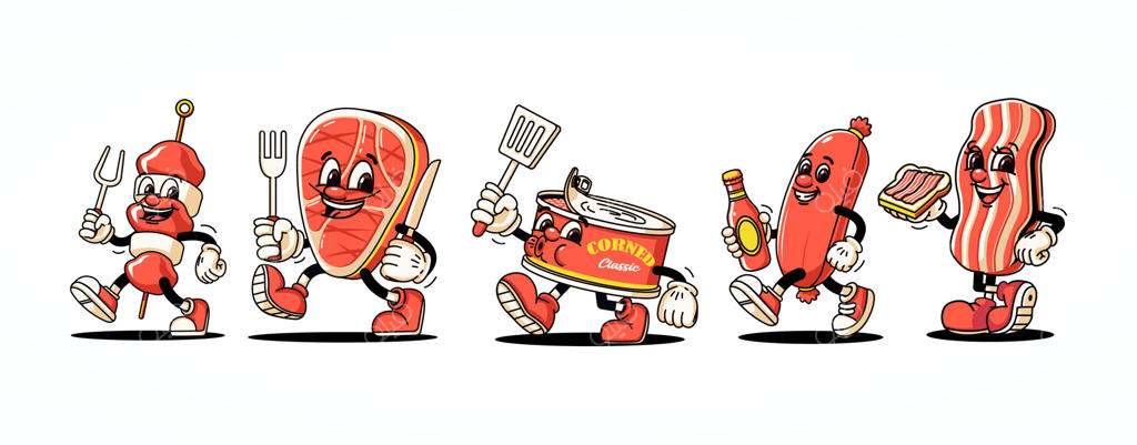 غذاهای گوشتی با شخصیت کارتونی نوستالژیک - مناسب برای تبلیغات غذا، نمادها و لوگوها