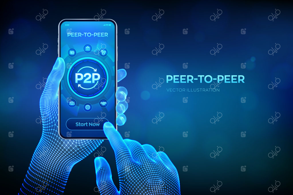 تصویرسازی وکتور پرداخت همتا به همتا (P2P) و مدل آنلاین پشتیبانی یا انتقال وجه؛ مفهوم فناوری همتا به همتا روی صفحه نمایش موبایل، نمای نزدیک گوشی هوشمند در دستان وایرفریم