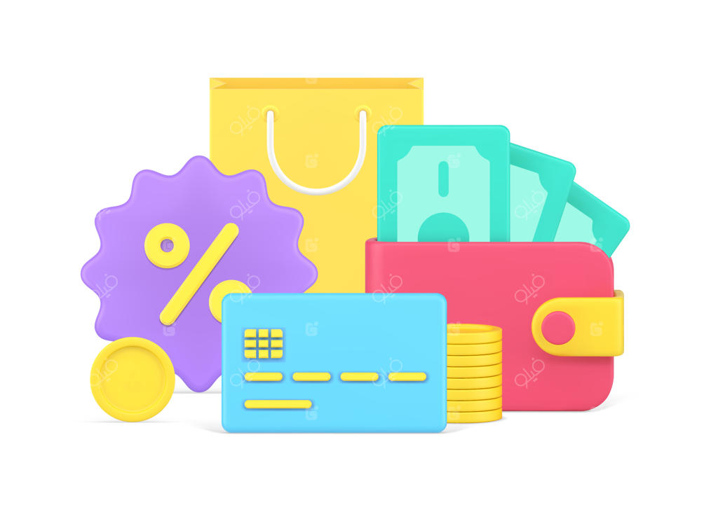 حراج فصلی، تخفیف و بلک فرایدی با تصویر سه‌بعدی کیف خرید و نماد درصد. خرید و فروش تجاری، اعتیاد به خرید و مصرف‌گرایی با پول نقد، کیف پول و کارت اعتباری.