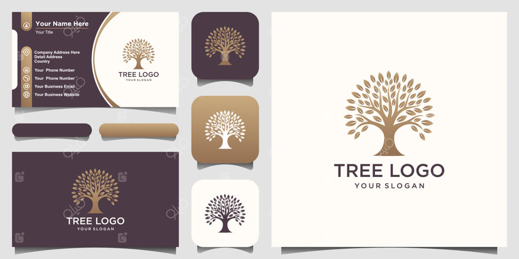 عناصر طراحی لوگوی درخت طلایی. قالب لوگوی وکتور باغ سبز و طراحی کارت ویزیت
