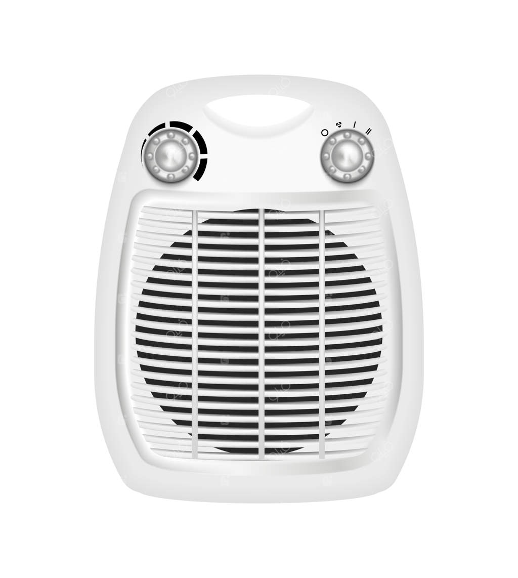 تصویر سازی واقع‌گرایانه از بخاری با تصویر جداگانه فن دار و کنترل دما در پس‌زمینه سفید وکتور