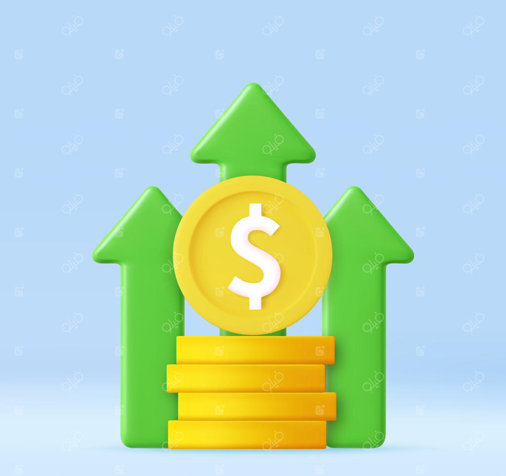 رشد مالی سه‌بعدی با پیکان‌های رو به بالا.