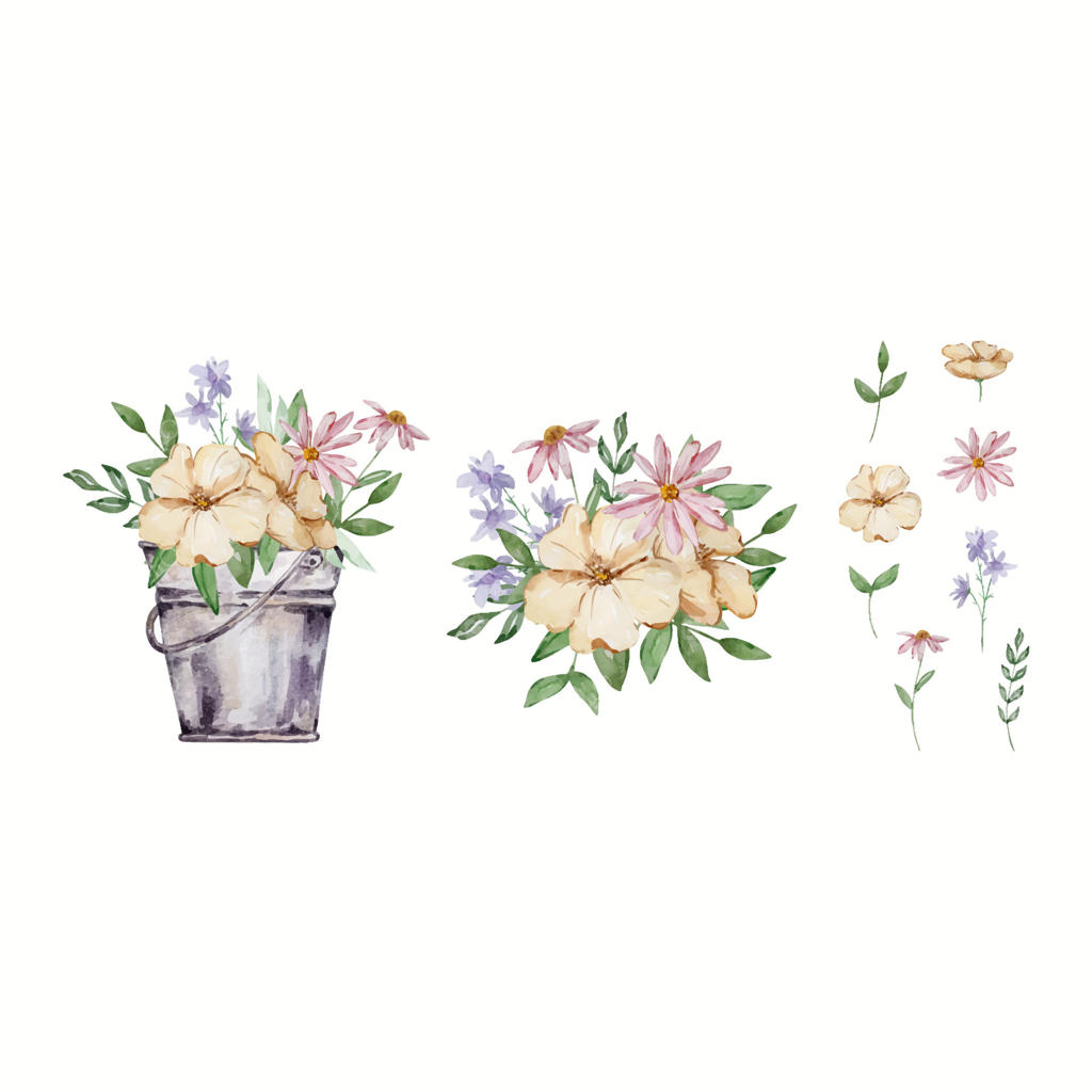 ست سطل آبرنگی با گل‌های باغچه‌ای