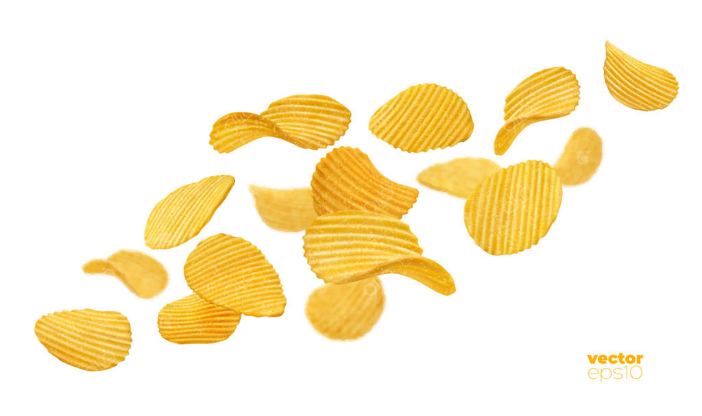 ریزش چیپس سیب‌زمینی پفکی - تکه‌های ترد و خوشمزه در حرکت سه‌بعدی برای تبلیغ غذای لذیذ و نمکی روی زمینه سفید