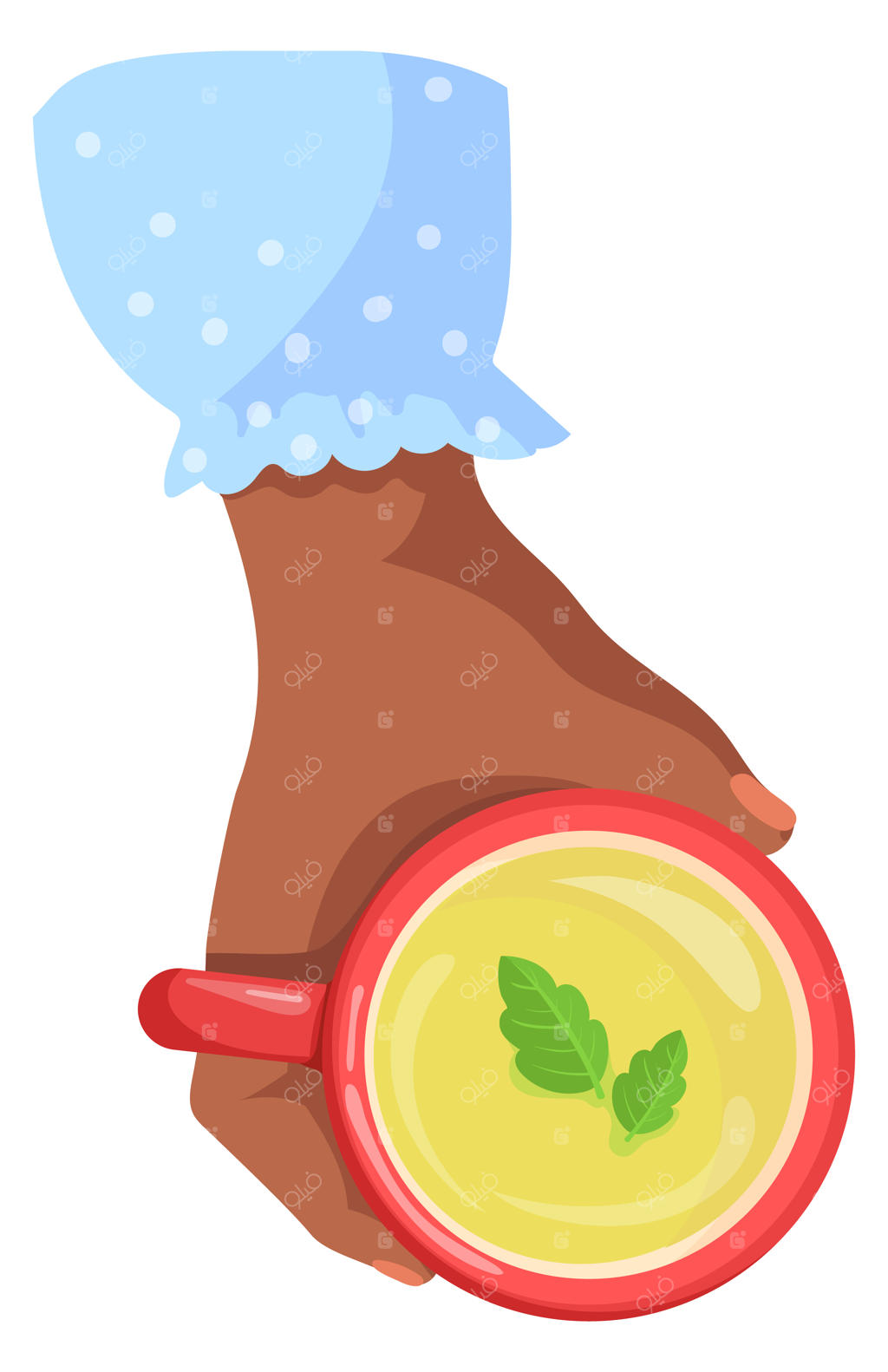 ایک فنجان دمنوش گیاهی در دست انسان - آیکون کارتونی نوشیدنی داغ