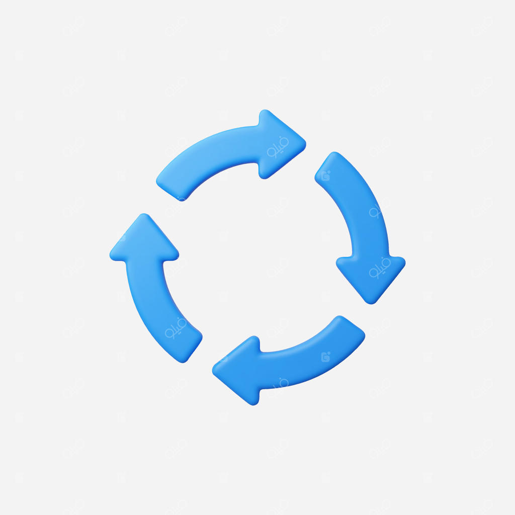 تصویر سه‌بعدی از چهار فلش آبی که یک دایره چرخشی را تشکیل می‌دهند، نمادی از نوسازی یا بازیافت.