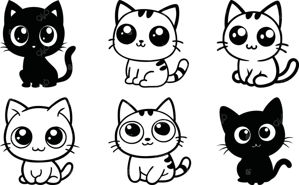 مجموعه گربه‌های کارتونی بامزه با سبک خطی سیاه و سفید؛ بچه‌گربه‌های ملوس با چشمان درشت در پس‌زمینه سفید