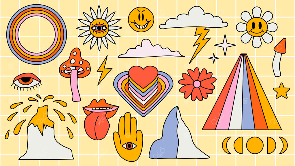 مجموعه‌ای از عناصر هیپی و رترو: کلیپ‌آرت‌های جذاب دهه ۷۰ با طراحی انتزاعی و قابل ویرایش برای برچسب‌های کارتونی و تصاویر مدرن وکتور