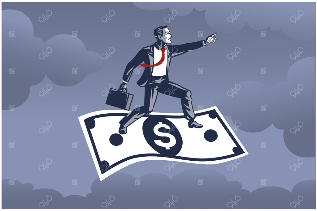 تصویر مفهومی بازرگان ایستاده روی دلار پرنده در آسمان