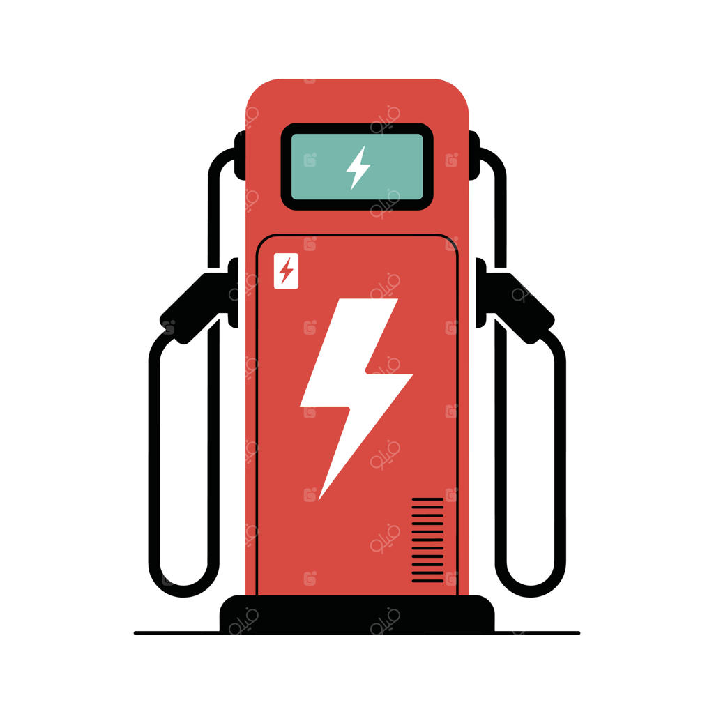 تصویر ایستگاه شارژ خودروی برقی با شارژر قرمز و نماد رعد و برق، مفهوم منبع انرژی سبز برای خودروها، پایداری، حمل‌ونقل، تکنولوژی و محیط‌ زیست.
