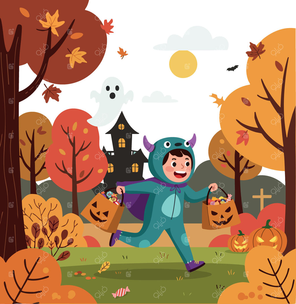 کودک با لباس هیولا در حال هالووین‌گردی با سطل‌های کدو تنبل در فضایی پاییزی با خانه ارواح و برگ‌ریزان