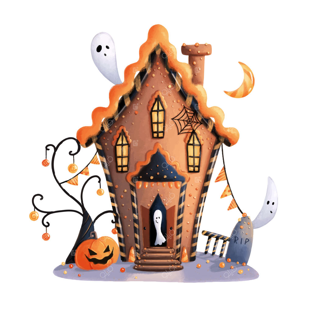 تصویر خانه شیرینی زنجفیلی کارتونی بامزه برای هالووین: خانه ارواح و جادوگران