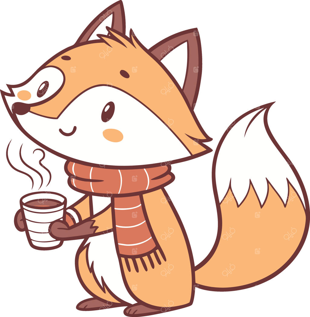 تصویر کارتونی روباه بامزه با شال گردن، در حال نوشیدن قهوه داغ در فصل پاییز