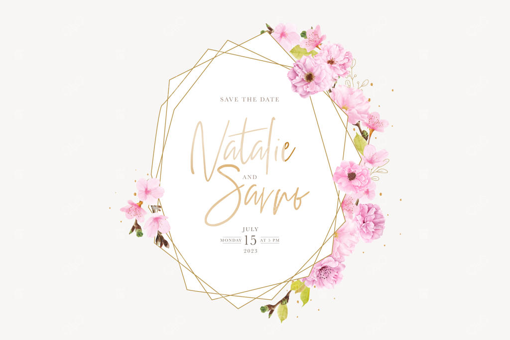 طراحی قاب طلایی با آبرنگ شکوفه‌های گیلاس