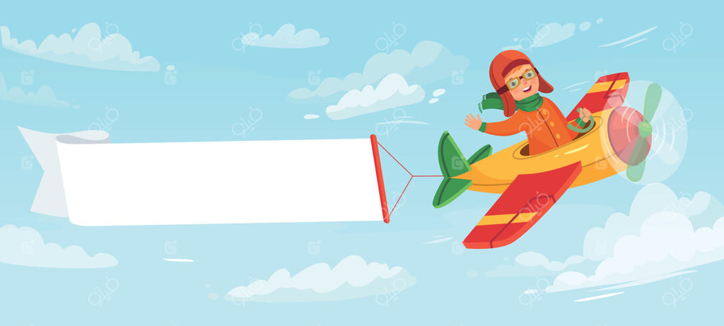 بچه‌ای در هواپیما با بنر. کودک خلبانی که در میان ابرها در آسمان پرواز می‌کند. پسربچه‌ای که در پرواز است