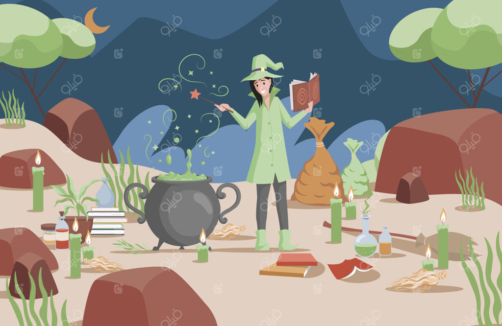 زن خندان با کلاه جادوگری و پالتوی سبز در حال آماده کردن جادو