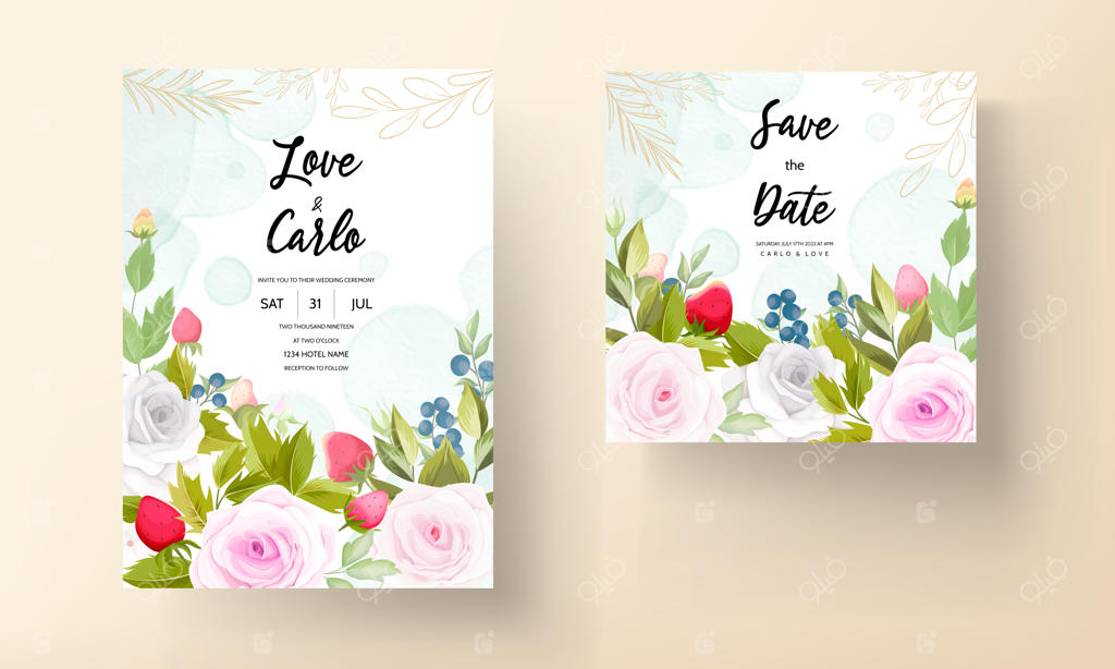 کارت دعوت عروسی با طراحی دستی زیبا از گل و میوه