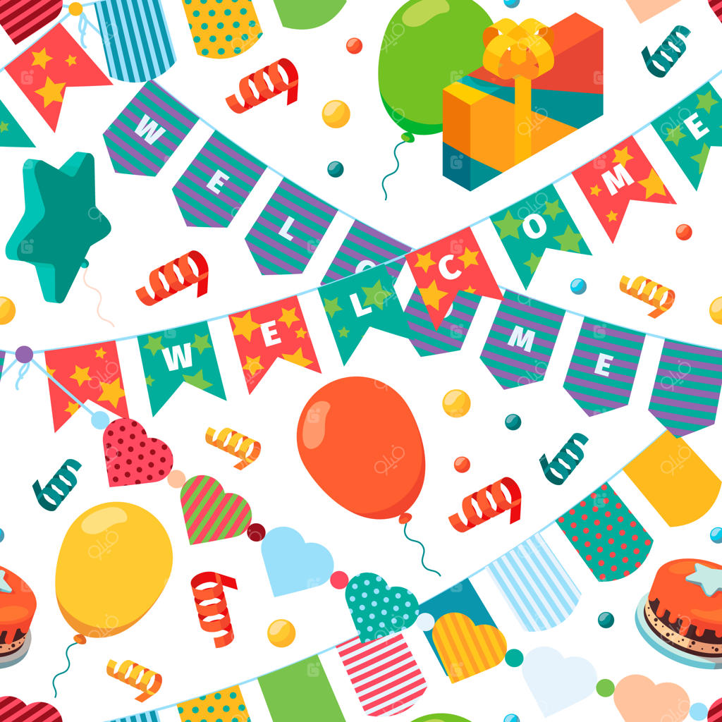 الگوی پرچم‌های رنگی جشن تولد کودکان و لوازم جشن، بنرهای مناسب برای پروژه‌های طراحی پارچه، پس‌زمینه بدون درز وکتور درخشان