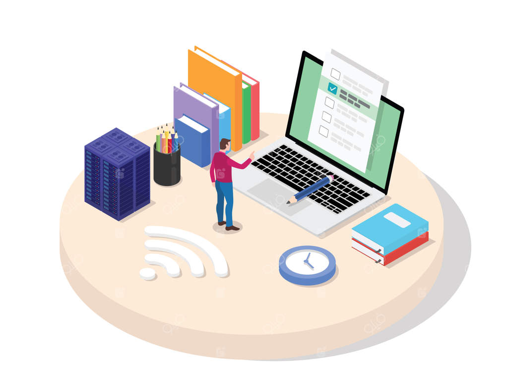 دانشجوی دانشگاه دبیرستانی آزمون آنلاین می‌دهد با لپ‌تاپ در سبک کارتونی سه‌بعدی ایزومتریک.