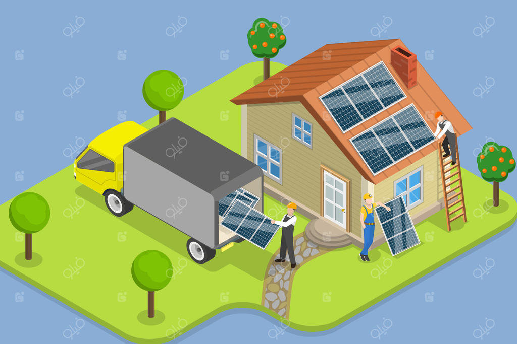 تصویرسازی مفهومی از نصب پنل‌های خورشیدی فتوولتائیک برای انرژی سبز و پایدار به صورت ایزومتریک و سه‌بعدی