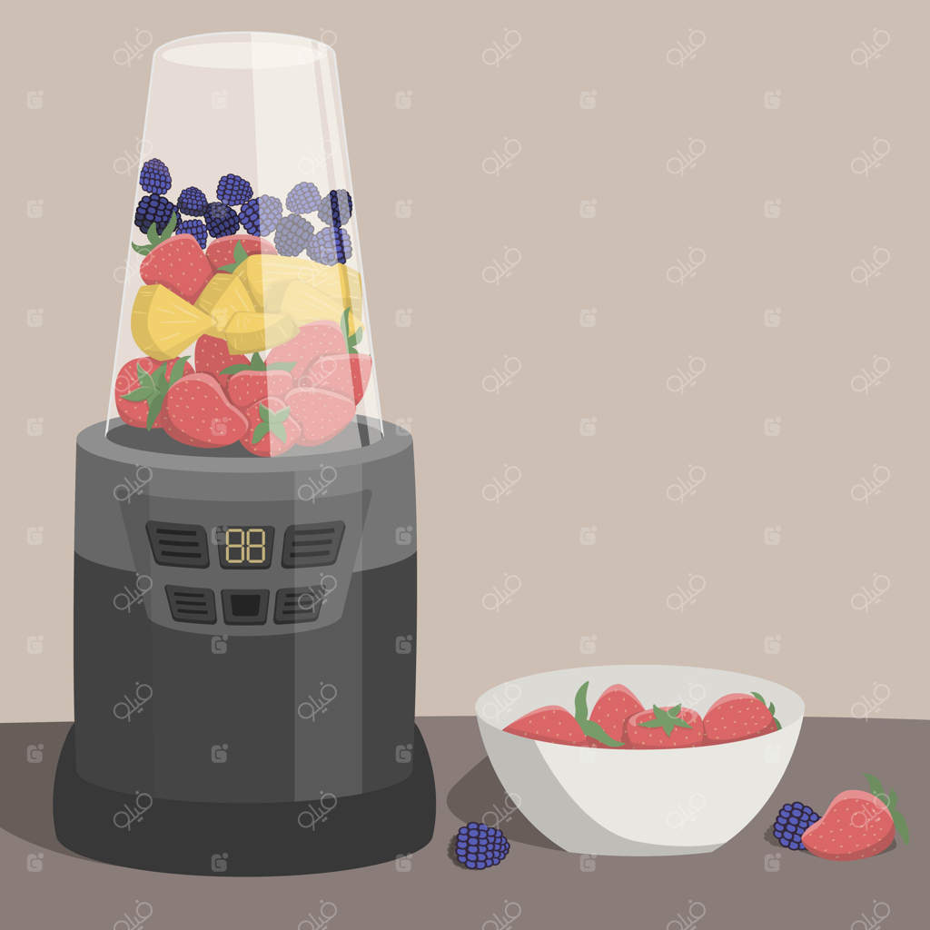 مخلوط‌کن با میوه‌ها و توت‌ها: توت‌فرنگی، برش‌های آناناس، شاه‌توت. تغذیه سالم و اسموتی‌ها.