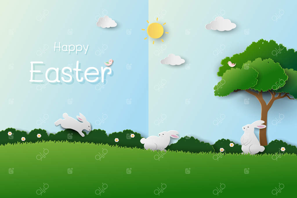 کارت تبریک عید پاک با خانواده خرگوش‌ها در باغ بهاری