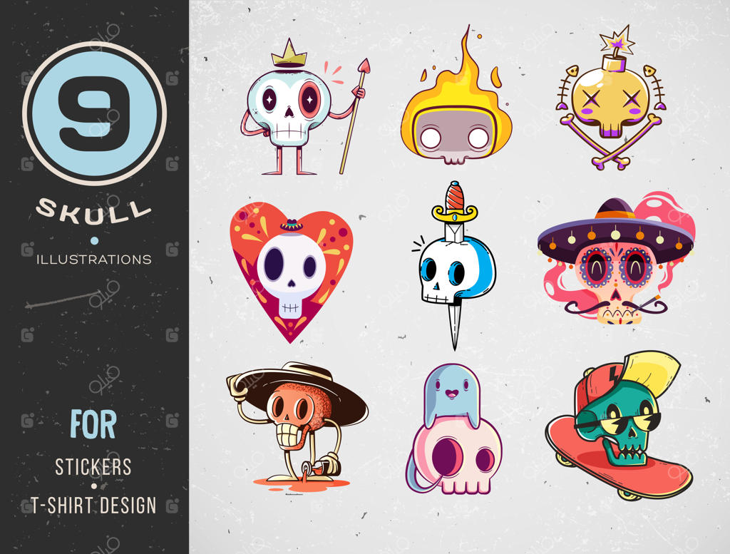 مجموعه جمجمه‌های رنگارنگ برای طراحی تی‌شرت