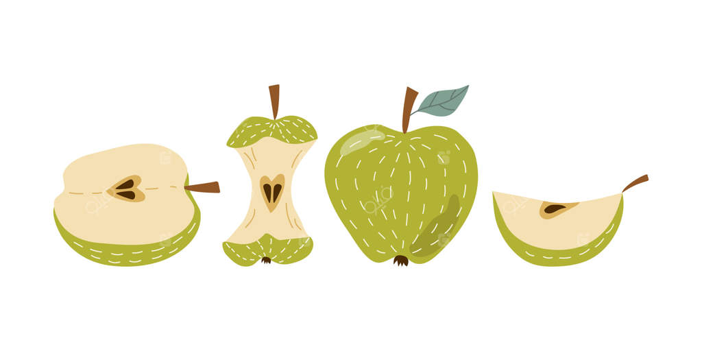 میوه سیب. مجموعه‌ای از برش‌ها و سیب کامل، طراحی کارتونی دستی با برگ‌ها. غذای گیاهی طبیعی ویتامینی، محصول باغ، برداشت. نقاشی، تصویرسازی ساده، زمینه سفید و جدا شده.