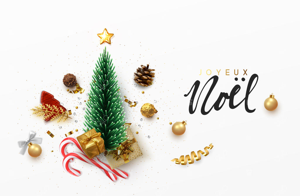 کریسمس مبارک و سال نو پر از شادی. پس‌زمینه‌ای شاد با عناصر طراحی سه‌بعدی واقعی. تعطیلات کریسمس. تصویرسازی وکتور.