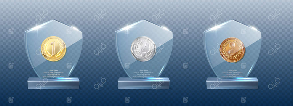 مجموعه آیکون وکتور تندیس شیشه‌ای با مدال‌های طلا، نقره و برنز بر روی زمینه شفاف