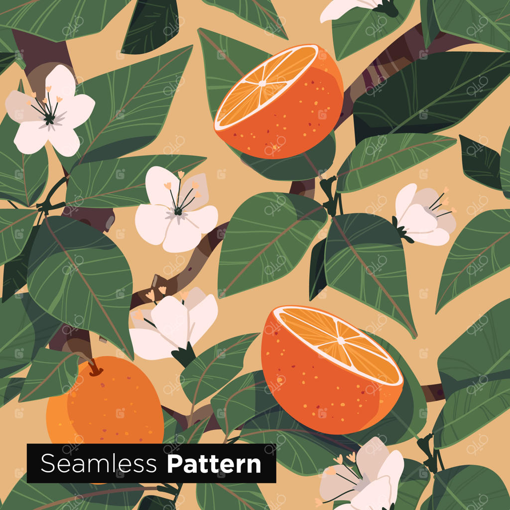 پترن استوایی روشن با پس‌زمینه‌ای از گیاهان جنگلی و برگ‌های نخل