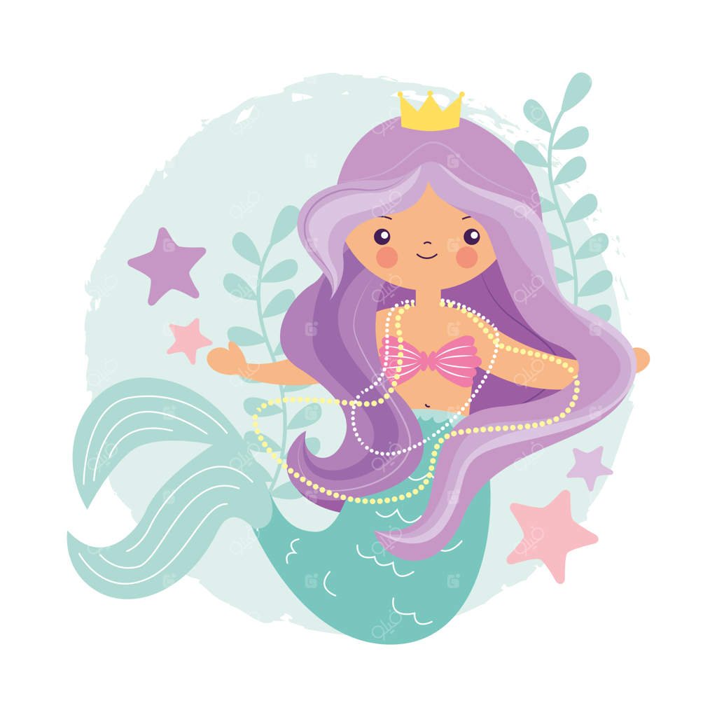 پری دریایی در بستر دریا میان ستاره‌های دریایی و جلبک کارتونی