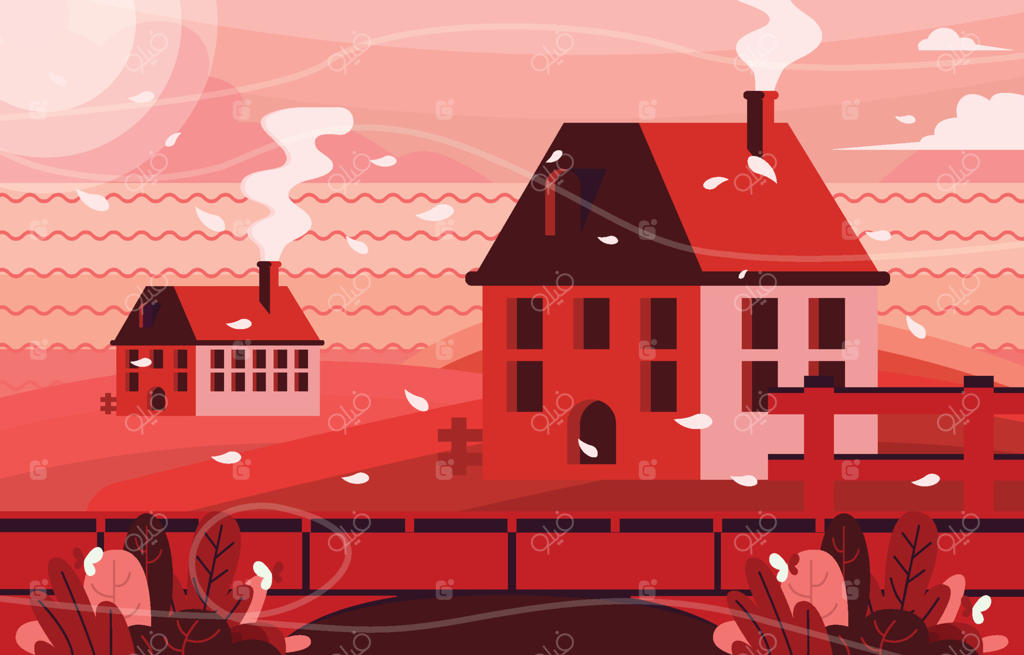 خانه‌های دودکش‌دار با پس‌زمینه منظره دریا