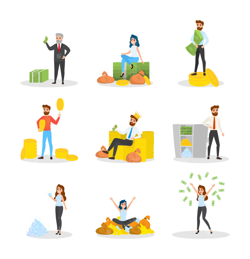 جمعی از افراد تجاری با پول: زن موفق و خوشحال