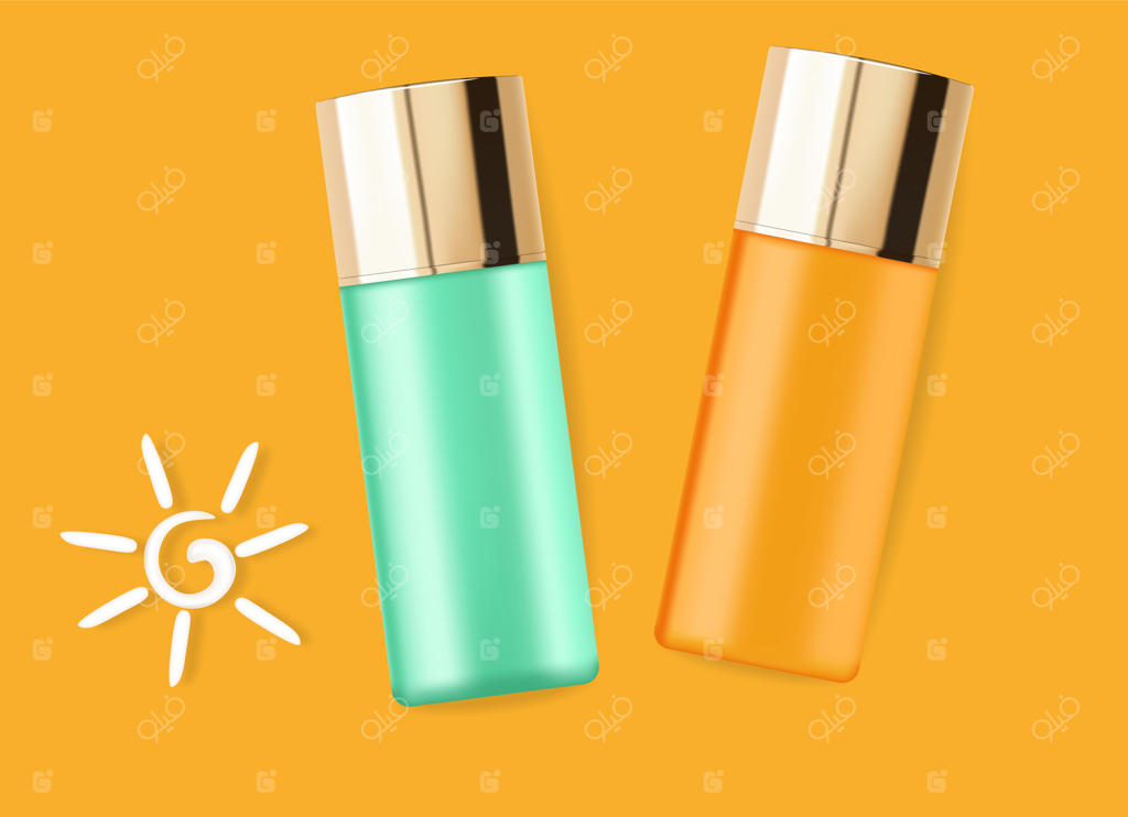 بطری کرم ضد آفتاب واقع‌گرایانه، مجموعه لوازم آرایشی، پس‌زمینه استوایی، طراحی طلایی