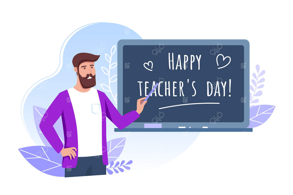 روز معلم مبارک، معلم جوان با یک خط‌کش کنار تخته مدرسه ایستاده است.