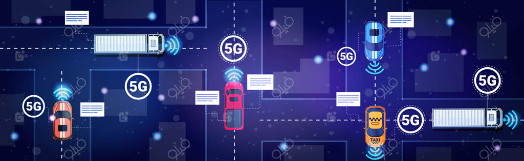 مفهوم اتصال سیستم‌های بی‌سیم 5G در ترافیک خودروهای مختلف جاده‌ای
